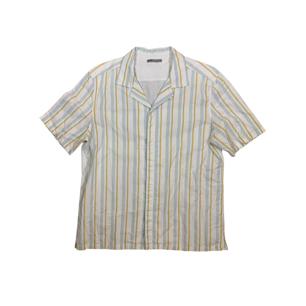 Ons White Blue Yellow Striped Short Sleeve Button Shirt Casual Cotton Size M